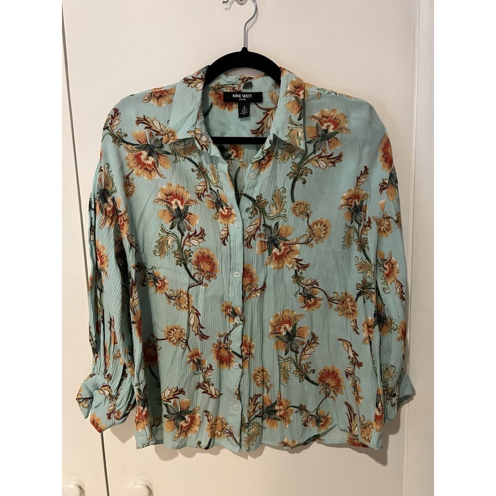 Nine West Women's Blue Floral Viscose Collared Long Sleeve Button‎ Down Shirt S